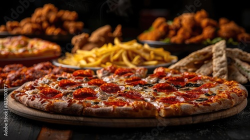 Close-up of a variety of mouthwatering fast food including pepperoni pizza, fries, chicken wings, and breadsticks on a rustic table. photo