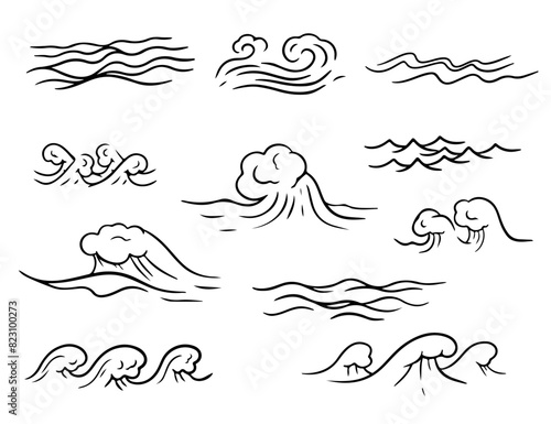 Black Waves Set. Ocean storm round wave. Water wave, sea wave set. Liquid shape elements. Vector illustration EPS10