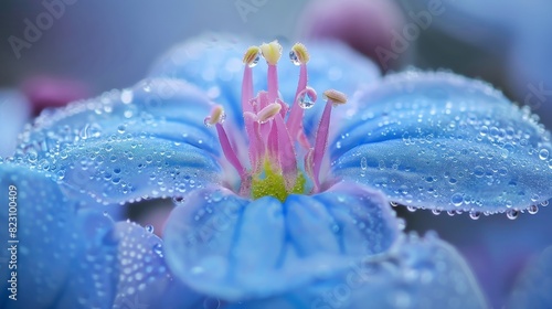 The intricate details of a delicate forget-me-not flower are captured in close-up. 