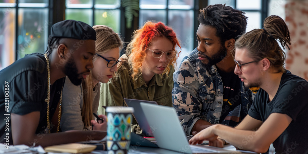 A group of people are sitting around a table looking at a laptop A group of people are sitting around a table looking at a laptop