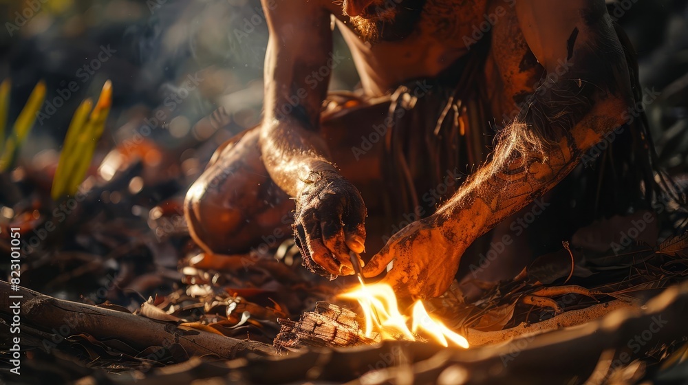 Capture the moment of an early human discovering how to keep a fire burning by adding wood, learning the basics of fire maintenance, Close up Capture the moment of an early human discovering how to keep a fire burning by adding wood, learning the basics of fire maintenance, Close up