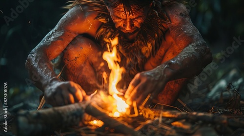 Capture the moment of an early human discovering how to keep a fire burning by adding wood, learning the basics of fire maintenance, Close up