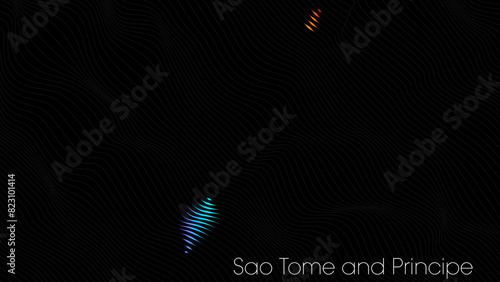 A map of Sao Tome and Principe is presented in the form of colorful vertical lines against a dark background. The country's borders are depicted in the shape of a rainbow-colored diagram.