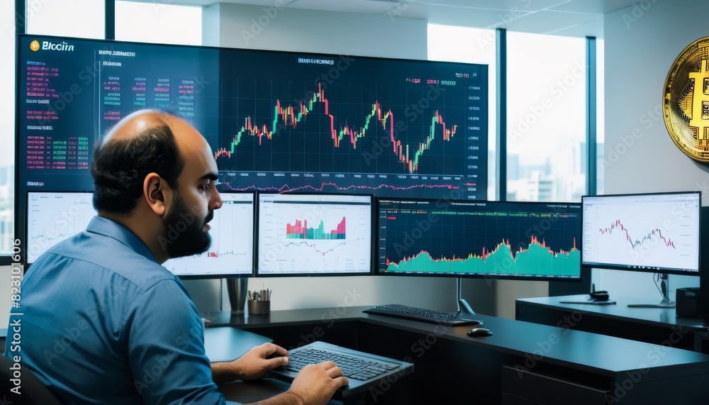A focused analyst examines cryptocurrency market trends on multiple monitors, showcasing real-time trading data in a modern office setting.. AI Generation A focused analyst examines cryptocurrency market trends on multiple monitors, showcasing real-time trading data in a modern office setting.. AI Generation