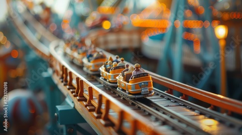 Depict a classic wooden roller coaster on a sunny day at an amusement park, with families eagerly waiting in line, Close up photo