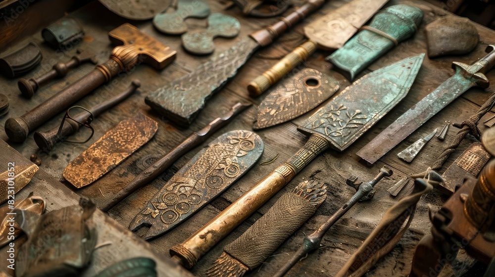 Depict a collection of bronze tools and weapons from a historical period, showing the durability and craftsmanship of the alloy, Close up Depict a collection of bronze tools and weapons from a historical period, showing the durability and craftsmanship of the alloy, Close up