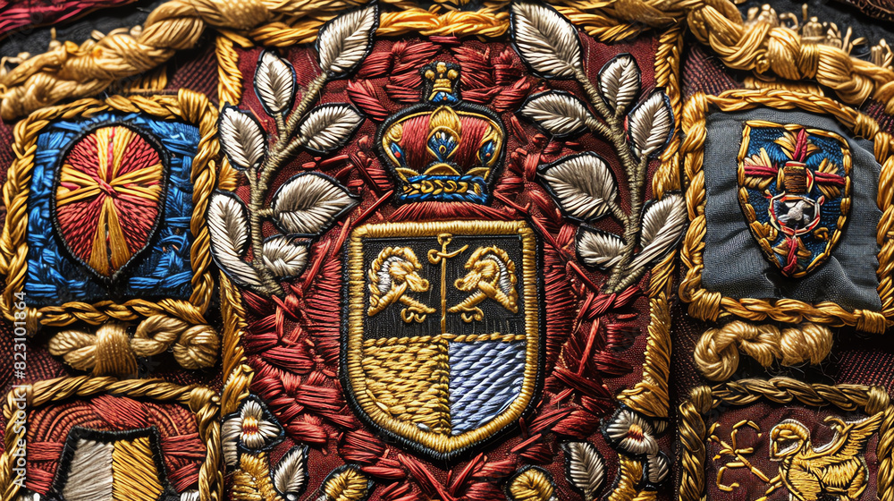 Historical patch mockup, medieval style, rich colors, heraldic symbols, detailed embroidery