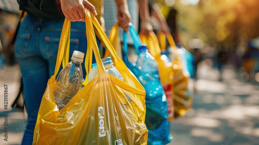 Depict a community effort to reduce plastic use, featuring reusable bags, bottles, and containers, Close up
