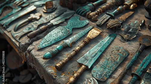Depict a collection of bronze tools and weapons from a historical period, showing the durability and craftsmanship of the alloy, Close up photo