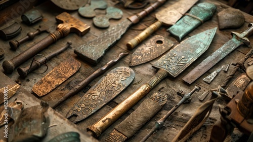 Depict a collection of bronze tools and weapons from a historical period, showing the durability and craftsmanship of the alloy, Close up