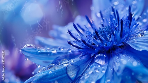 Water droplets cling to the petals of a blue cornflower in exquisite detail. 