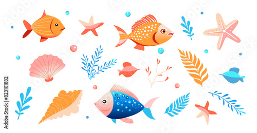 the sea world set, aquarium, shell , starfish and colourful fishes elements, sticker, decoration, vector