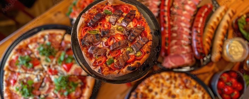 Assorted delicious pizzas with various toppings and grilled meats on a wooden table, offering a perfect feast for food lovers.