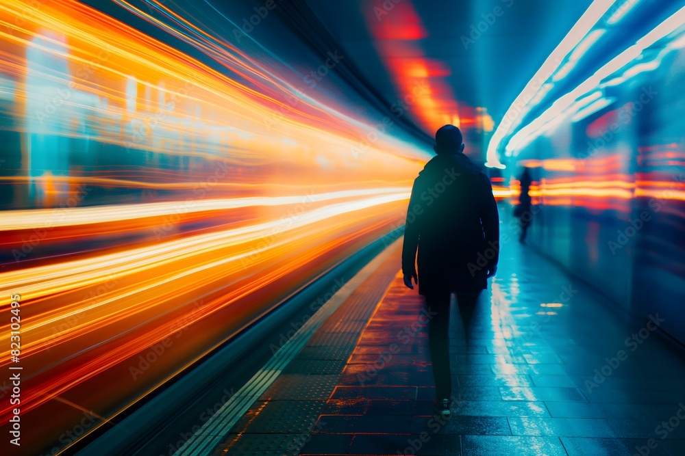 Man walking in a tunnel with streaks of orange and blue light Man walking in a tunnel with streaks of orange and blue light
