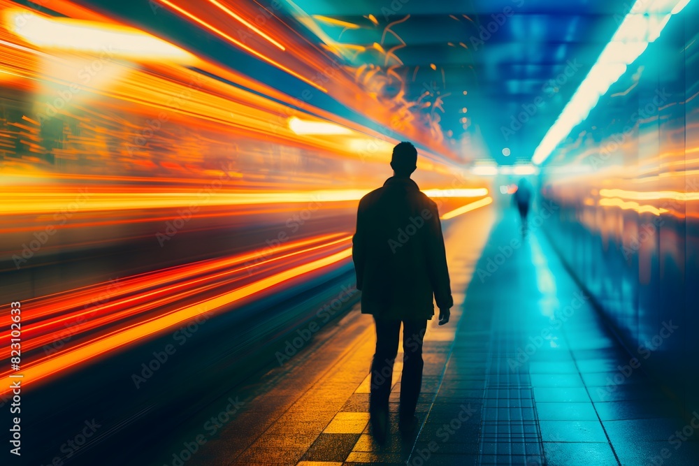 Man walking in a tunnel with streaks of orange and blue light Man walking in a tunnel with streaks of orange and blue light