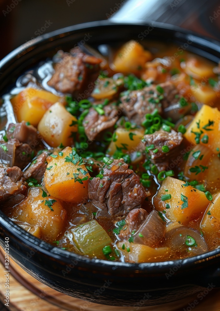 Eintopf - Hearty stew with meat, vegetables, and potatoes in a thick broth. Eintopf - Hearty stew with meat, vegetables, and potatoes in a thick broth.