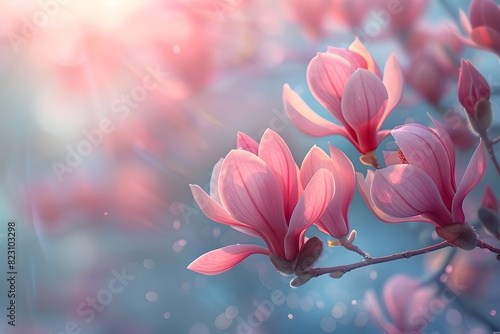 Two pink flowers on a branch with a sun shining behind them photo