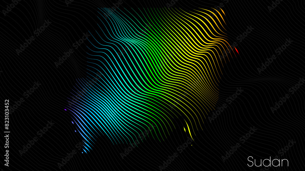 A map of Sudan is presented in the form of colorful vertical lines against a dark background. The country's borders are depicted in the shape of a rainbow-colored diagram. A map of Sudan is presented in the form of colorful vertical lines against a dark background. The country's borders are depicted in the shape of a rainbow-colored diagram.