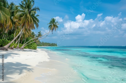 A beautiful tropical beach with white sand  palm trees and clear blue water