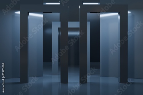 Interior dark room, hangar with concentrate wall and floor, fog and mist environment. 3d render. 