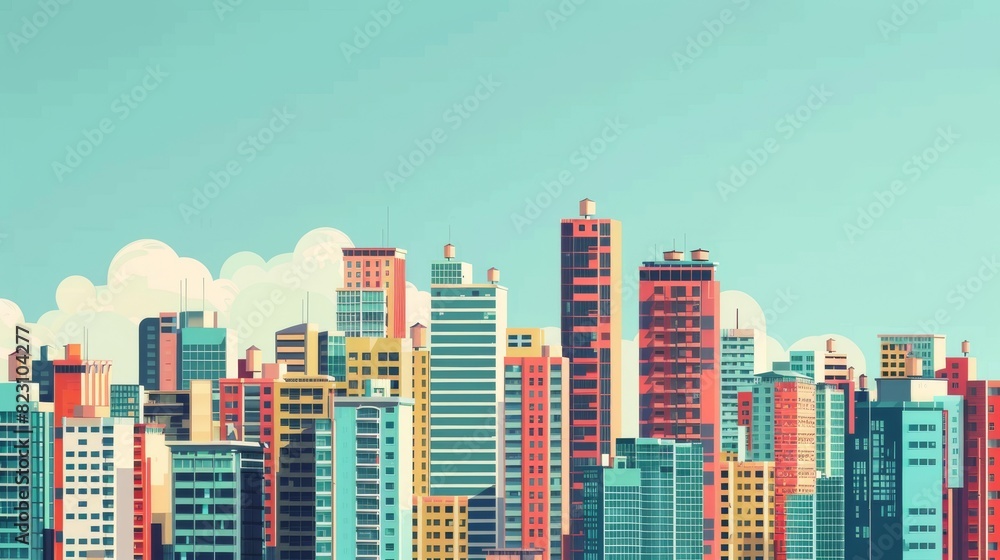 A beautiful cityscape with tall buildings and a blue sky. The perfect place to live, work, and play.