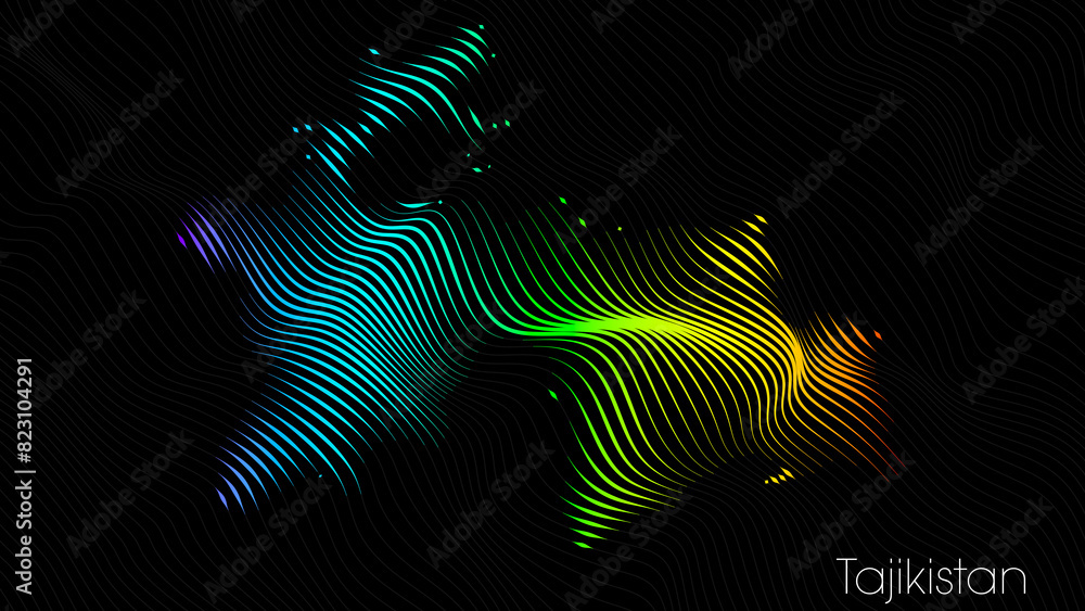 A map of Tajikistan is presented in the form of colorful vertical lines against a dark background. The country's borders are depicted in the shape of a rainbow-colored diagram. A map of Tajikistan is presented in the form of colorful vertical lines against a dark background. The country's borders are depicted in the shape of a rainbow-colored diagram.