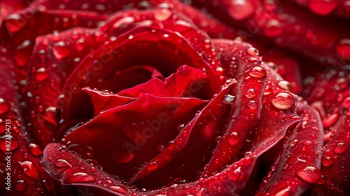 Water droplets glisten on the surface of a red rose in breathtaking detail.