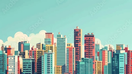 A beautiful cityscape with tall buildings and a blue sky. The perfect place to live  work  and play.