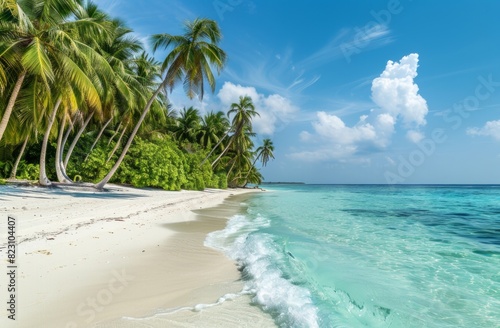 A beautiful tropical beach with white sand, palm trees and clear blue water