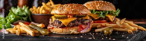 Close-up of delicious cheeseburgers with crispy fries on a wooden table, perfect for food menus, restaurants, and culinary advertising.