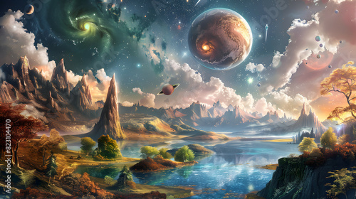 landscape full of planets and stars galaxies mountains and lakes photo