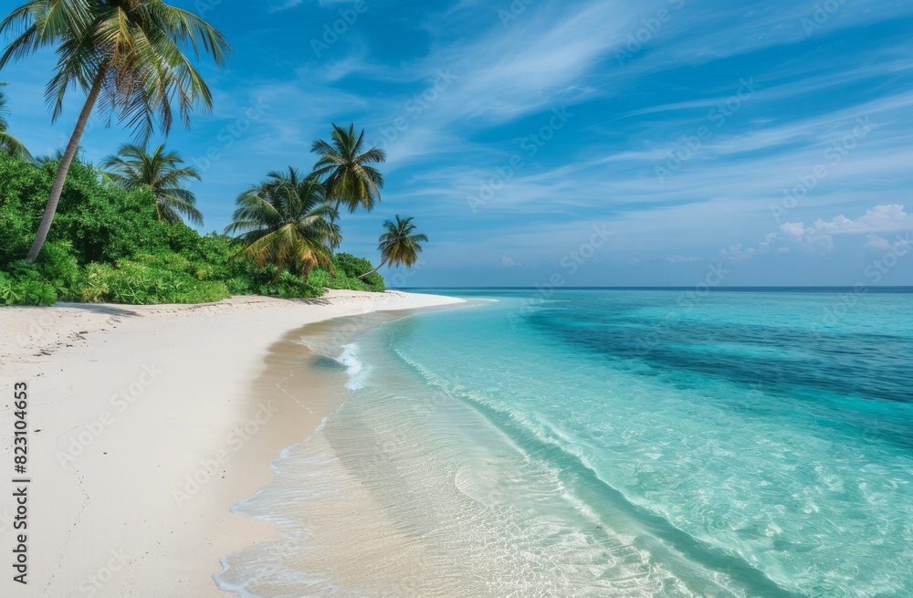 A beautiful tropical beach with white sand, palm trees and clear blue water