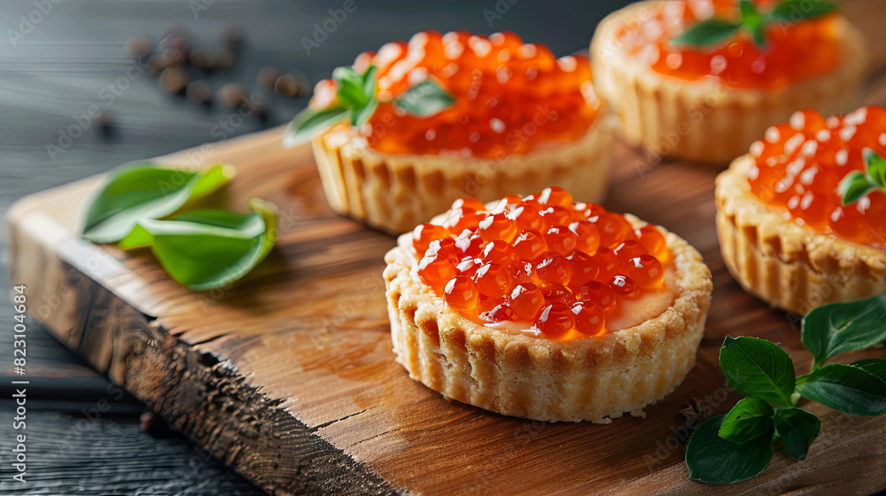 Tartlets with red caviar on a wooden board Tartlets with red caviar on a wooden board