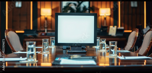 Wallpaper Mural Elegant boardroom with a small square blank TV screen, setting a prestigious corporate planning session. Torontodigital.ca