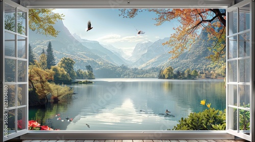 A real lake scene view from an open window, white vintaged window frame, 3D effect, few colorful birds and gorgeous view, trees, flower wines. Generative AI.