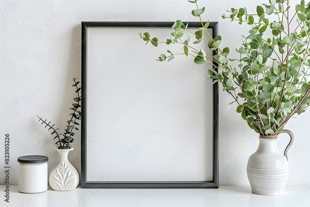 A picture frame and a vase with a plant on a table