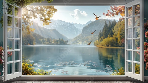 A real lake scene view from an open window, white vintaged window frame, 3D effect, few colorful birds and gorgeous view, trees, flower wines. Generative AI.
