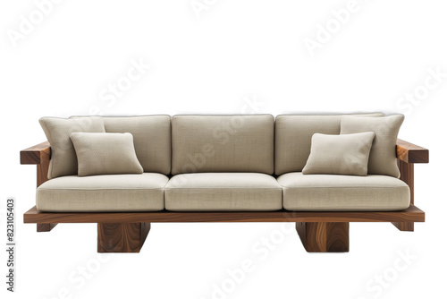 Elegant wooden sofa with cream cushions against a white background