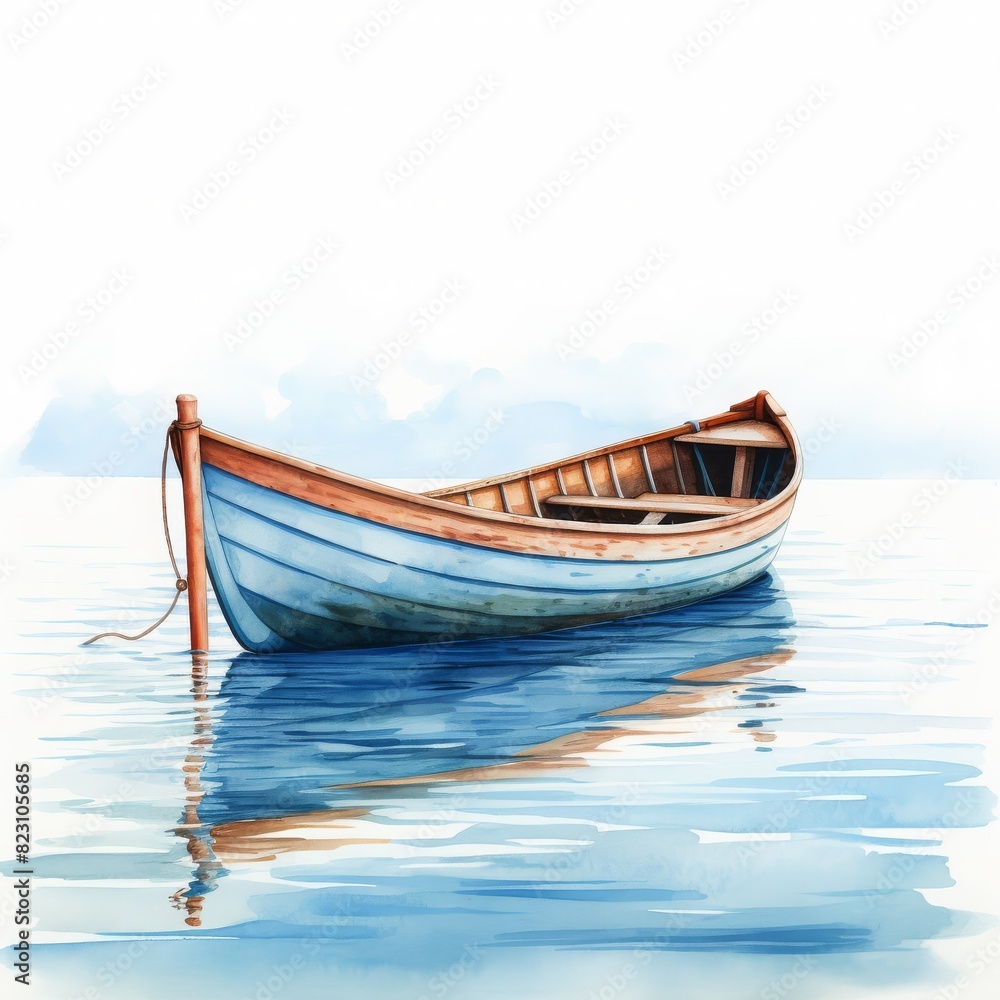 Fototapeta premium A serene watercolor painting of a single wooden boat floating on calm blue water with a clear sky background, exuding peace and tranquility.