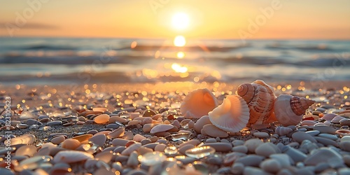 Sunset on glass pebble beach with sea glass and shells. Concept Beach Photography, Sunset Silhouettes, Sea Glass Treasures, Coastal Shells Collection, Glass Pebble Shoreline