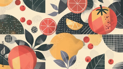 A nature-inspired background featuring fruits and leaves, designed in mid-century modern art style, with an abstract geometric pattern and decorative ornament in a retro vintage flat style.