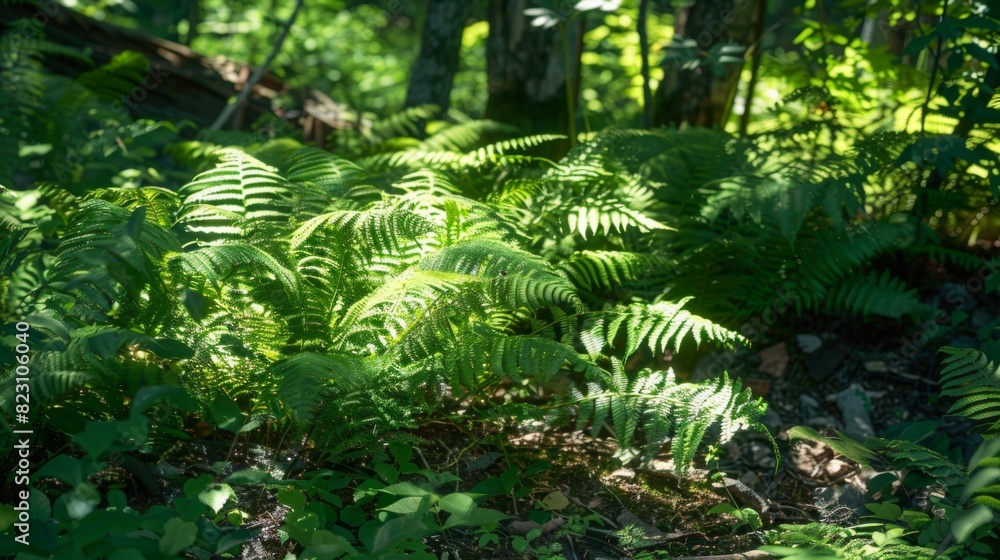 Naklejka premium Sunlight Filtering Through Fern-filled Forest