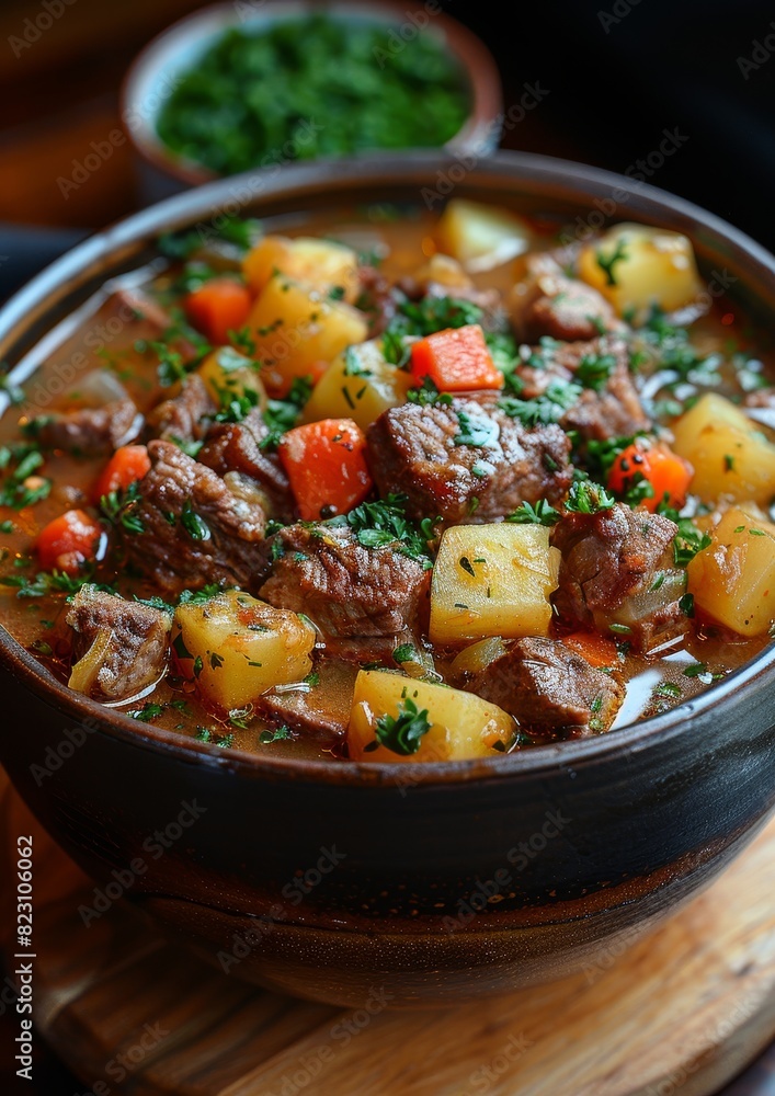 Eintopf - Hearty stew with meat, vegetables, and potatoes in a thick broth. Eintopf - Hearty stew with meat, vegetables, and potatoes in a thick broth.