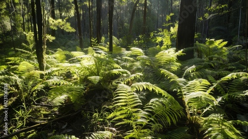 Sunlight Filtering Through Fern-filled Forest