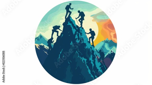 A circular artboard illustration showing people climbing a rocky mountain, emphasizing teamwork and achievement. photo