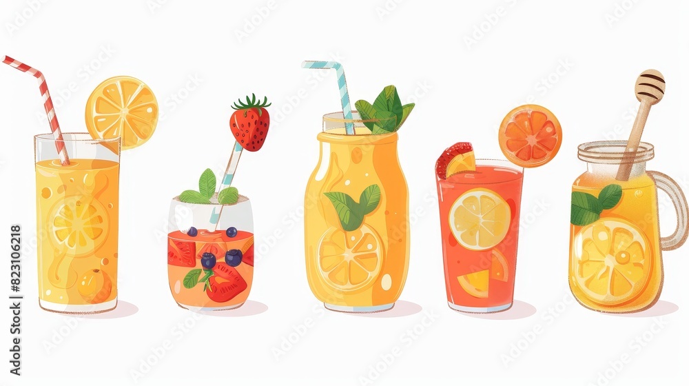 A set of vegetarian food and drinks illustrations, depicted in a modern flat style, featuring colored illustrations of orange punch, strawberry lemonade, a honey bowl, and a smoothie jar on a white A set of vegetarian food and drinks illustrations, depicted in a modern flat style, featuring colored illustrations of orange punch, strawberry lemonade, a honey bowl, and a smoothie jar on a white