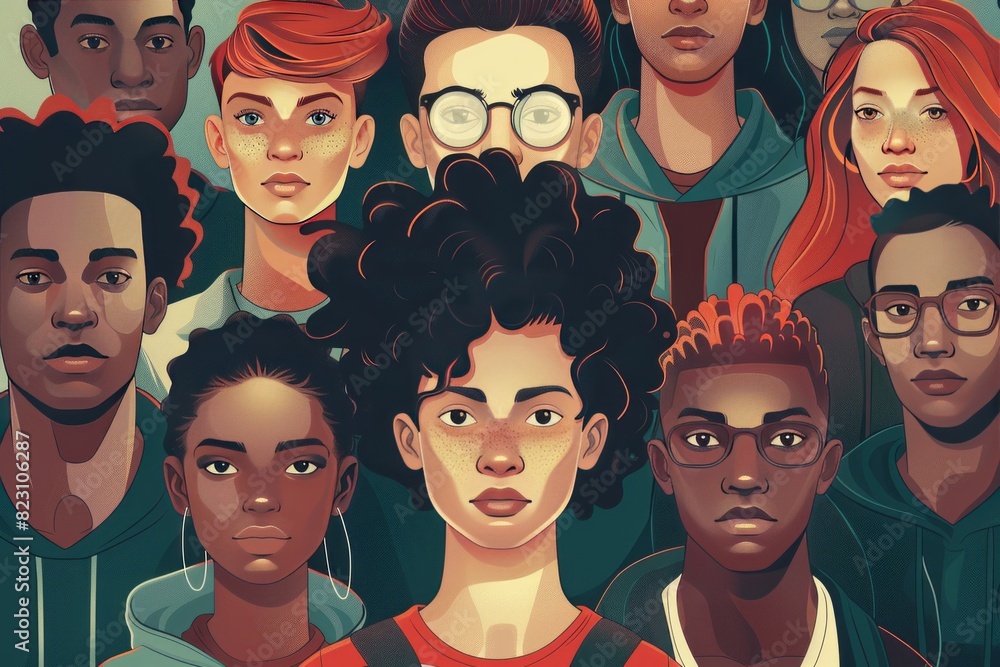 illustration of a group of diverse young people, diversity, inclusion, LGBTQ , non-binary
illustration of a group of diverse young people, diversity, inclusion, LGBTQ , non-binary