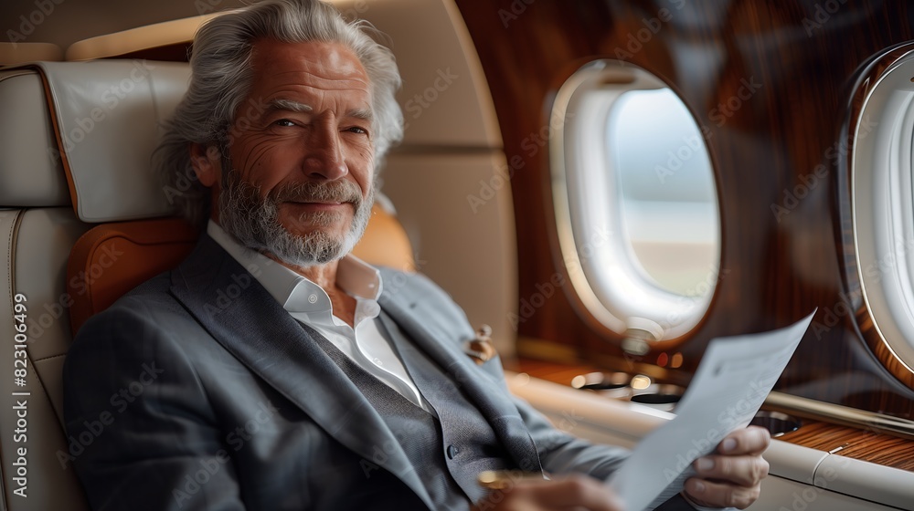 A photo of senior businessman flying on private jet, holding some important papers A photo of senior businessman flying on private jet, holding some important papers