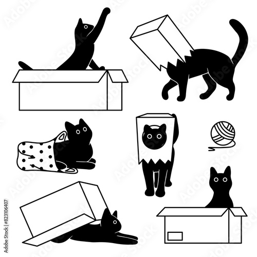 Black cats with box set. Collection of various naughty cats in a box and bags. Funny Animals. Silhouettes of playful cats