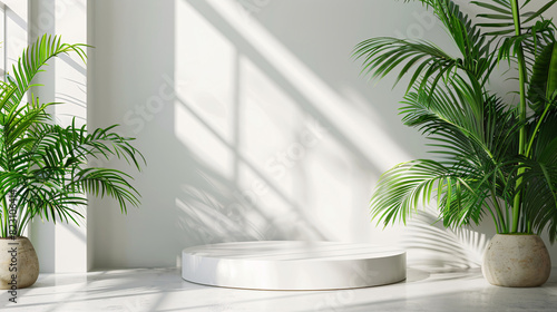 Modern pedestal with palm leaves and white backdrop  great for product showcasing and mockups